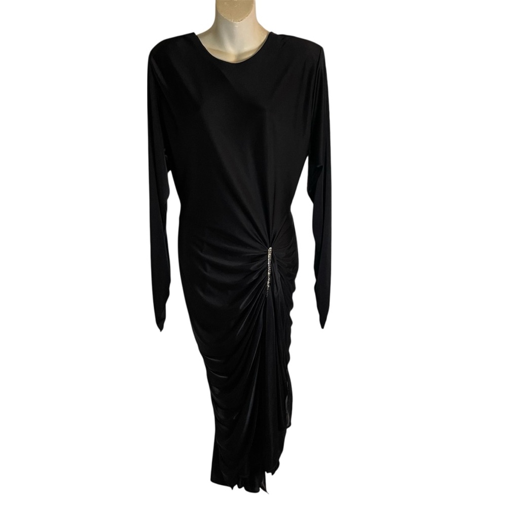 Vintage y2k Night Moves Ruched Black Dress Rhinestone Trim Size 13/14 USA